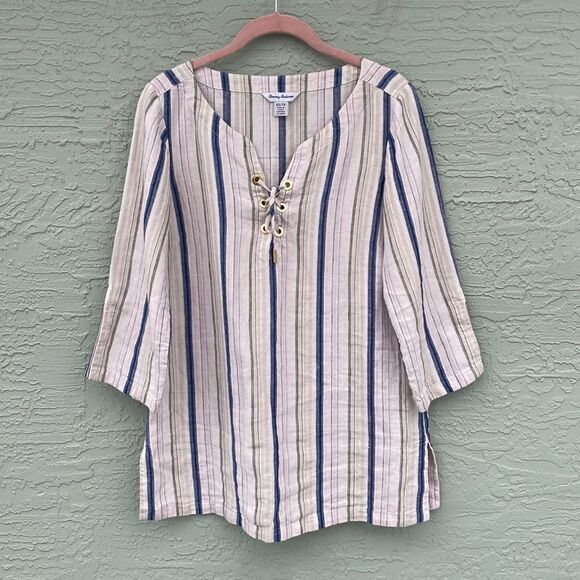 Tommy Bahama Sz XS Linen Metallic Boho 3/4 Sleeve Top - Picture 1 of 10
